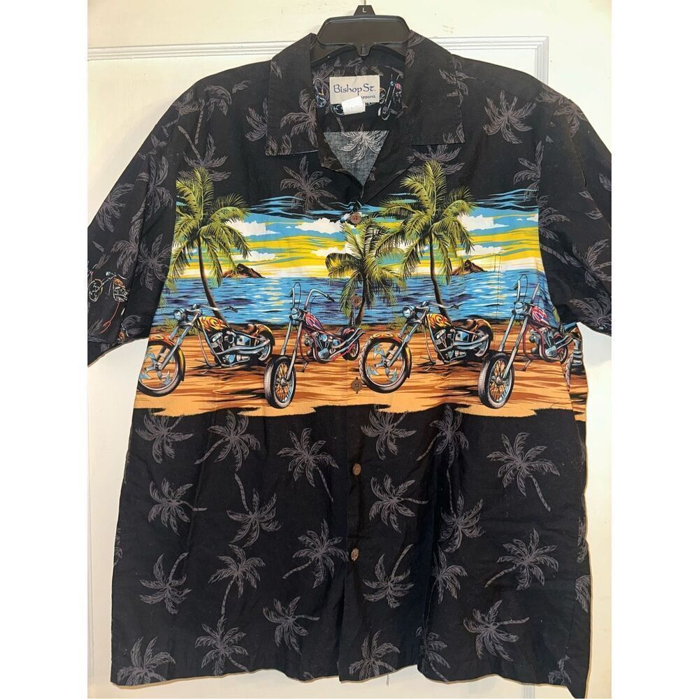 Vintage Bishop St. Motorcycle Hawaiian Shirt Black Size XL